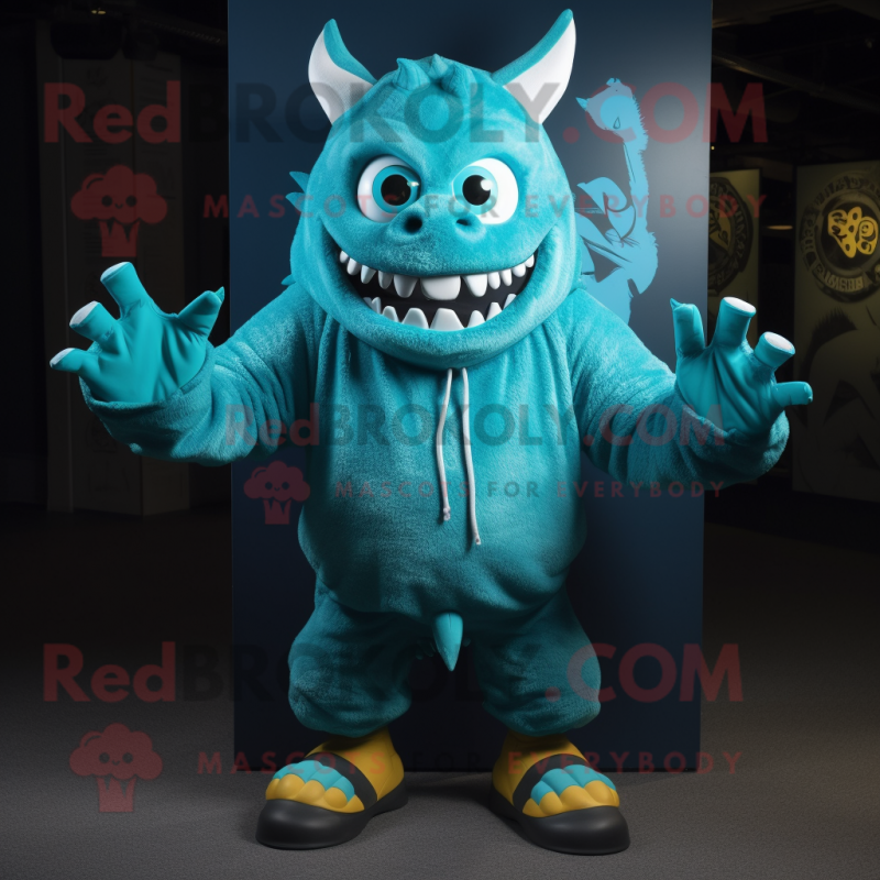 Turquoise Demon mascot costume character dressed with a Sweatshirt and Gloves