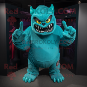 Turquoise Demon mascot costume character dressed with a Sweatshirt and Gloves
