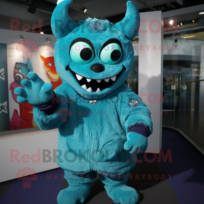 Turquoise Demon mascot costume character dressed with a Sweatshirt and Gloves