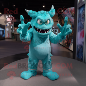 Turquoise Demon mascot costume character dressed with a Sweatshirt and Gloves