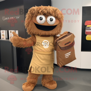 Brown Ramen mascot costume character dressed with a Polo Tee and Briefcases
