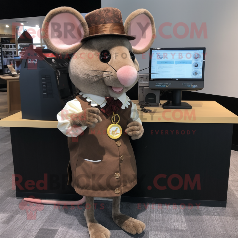 Brown Mouse mascot costume character dressed with a Cocktail Dress and Digital watches