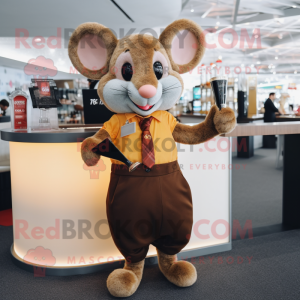 Brown Mouse mascot costume character dressed with a Cocktail Dress and Digital watches