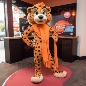 Rust Cheetah mascot costume character dressed with a Yoga Pants and Scarves