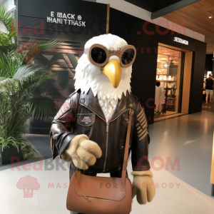 Cream Haast'S Eagle mascot costume character dressed with a Leather Jacket and Handbags