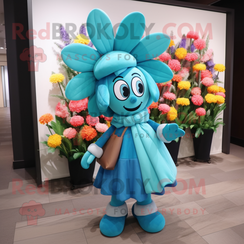 Cyan Bouquet Of Flowers mascot costume character dressed with a Coat and Handbags Cyan Bouquet Of Flowers mascot costume character dressed with a Coat and Handbags