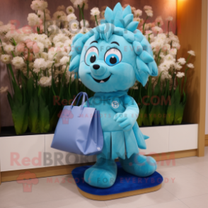 Cyan Bouquet Of Flowers mascot costume character dressed with a Coat and Handbags