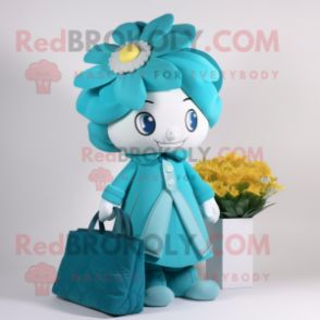 Cyan Bouquet Of Flowers mascot costume character dressed with a Coat and Handbags