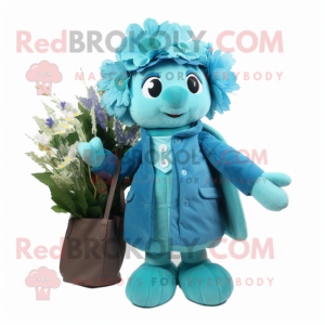 Cyan Bouquet Of Flowers mascot costume character dressed with a Coat and Handbags