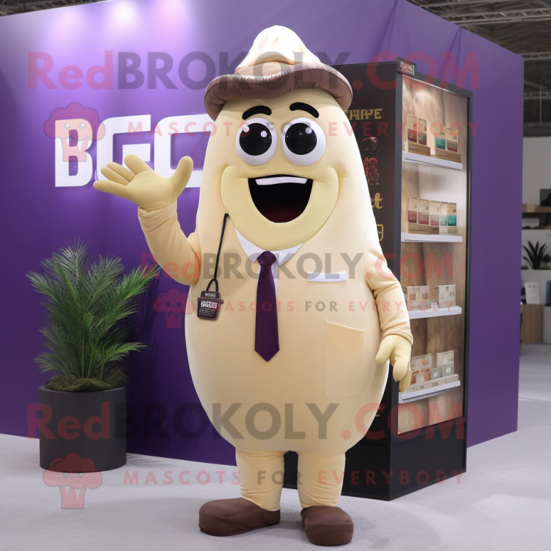 Beige Eggplant mascot costume character dressed with a Suit and Wallets