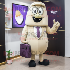 Beige Eggplant mascot costume character dressed with a Suit and Wallets