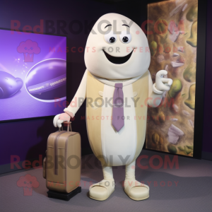 Beige Eggplant mascot costume character dressed with a Suit and Wallets