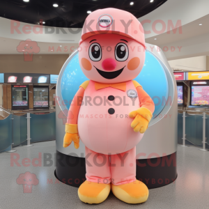 Peach Gumball Machine mascot costume character dressed with a Jumpsuit and Caps
