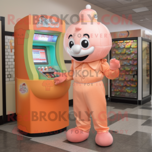 Peach Gumball Machine mascot costume character dressed with a Jumpsuit and Caps