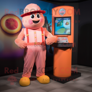 Peach Gumball Machine mascot costume character dressed with a Jumpsuit and Caps