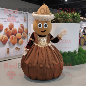 Brown Turnip mascot costume character dressed with a Ball Gown and Coin purses