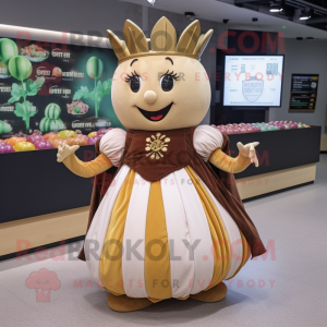 Brown Turnip mascot costume character dressed with a Ball Gown and Coin purses