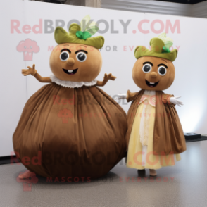 Brown Turnip mascot costume character dressed with a Ball Gown and Coin purses