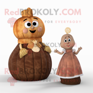 Brown Turnip mascot costume character dressed with a Ball Gown and Coin purses