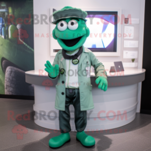 Green Doctor mascot costume character dressed with a Joggers and Lapel pins