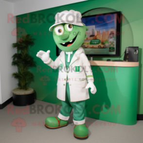 Green Doctor mascot costume character dressed with a Joggers and Lapel pins