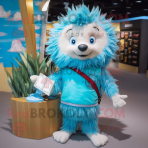 Sky Blue Porcupine mascot costume character dressed with a Board Shorts and Necklaces