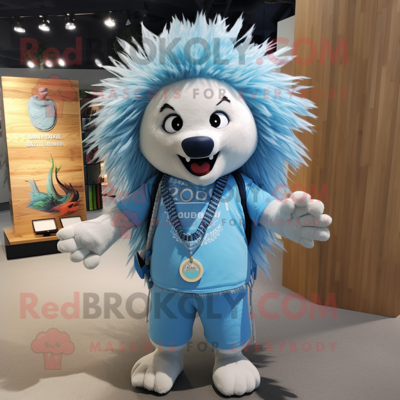 Sky Blue Porcupine mascot costume character dressed with a Board Shorts and Necklaces