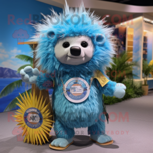 Sky Blue Porcupine mascot costume character dressed with a Board Shorts and Necklaces