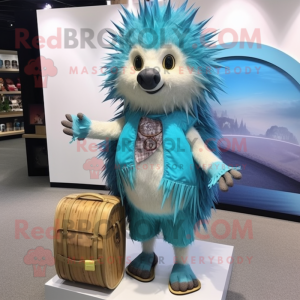 Sky Blue Porcupine mascot costume character dressed with a Board Shorts and Necklaces