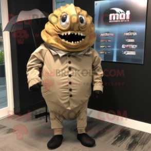 Brown Trilobite mascot costume character dressed with a Raincoat and Tie pins