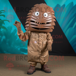 Brown Trilobite mascot costume character dressed with a Raincoat and Tie pins
