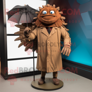 Brown Trilobite mascot costume character dressed with a Raincoat and Tie pins