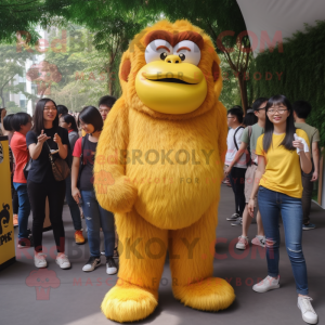 Yellow Orangutan mascot costume character dressed with a Mom Jeans and Shoe laces