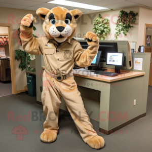 Tan Mountain Lion mascot costume character dressed with a Jumpsuit and Watches