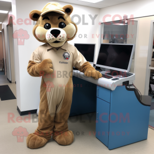 Tan Mountain Lion mascot costume character dressed with a Jumpsuit and Watches