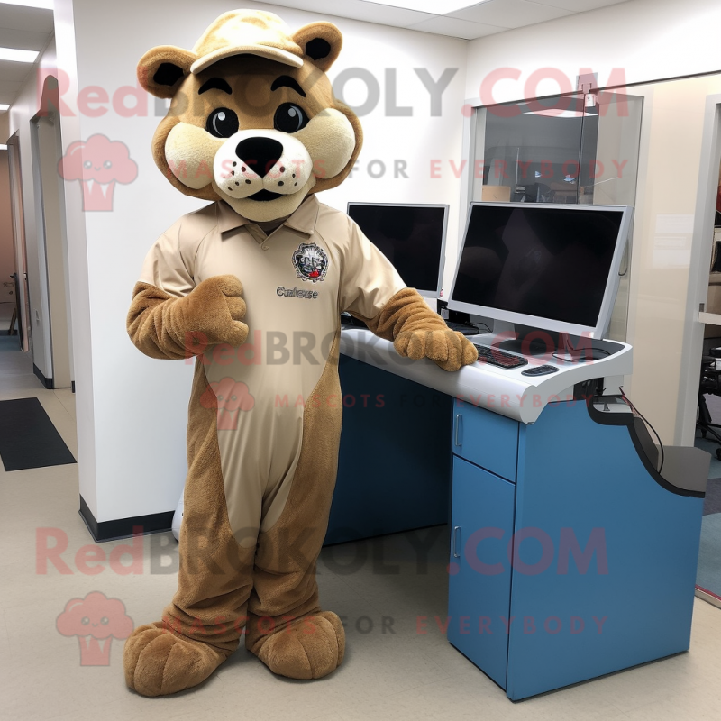 Tan Mountain Lion mascot costume character dressed with a Jumpsuit and Watches Tan Mountain Lion mascot costume character dressed with a Jumpsuit and Watches