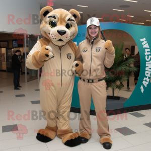 Tan Mountain Lion mascot costume character dressed with a Jumpsuit and Watches