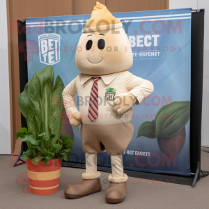 Tan Beet mascot costume character dressed with a Shorts and Pocket squares