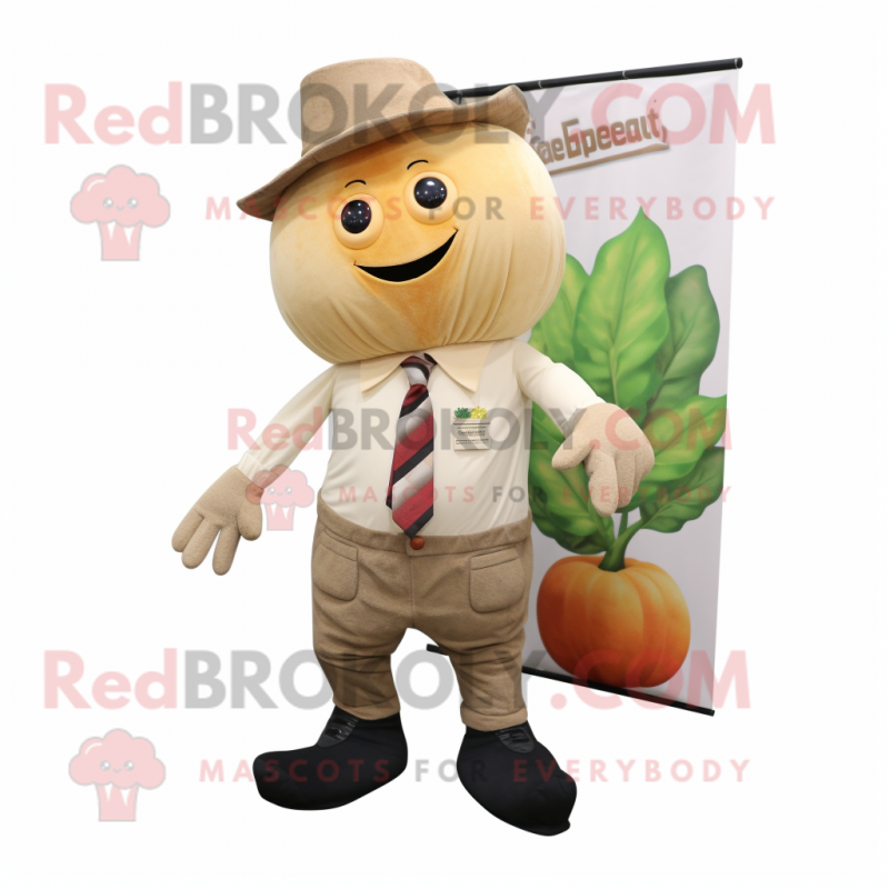 Tan Beet mascot costume character dressed with a Shorts and Pocket squares