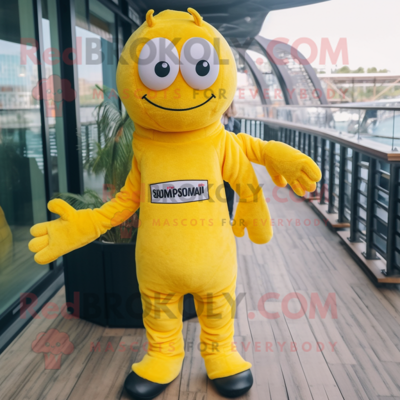 Yellow Shrimp Scampi mascot costume character dressed with a Jumpsuit and Briefcases Yellow Shrimp Scampi mascot costume character dressed with a Jumpsuit and Briefcases