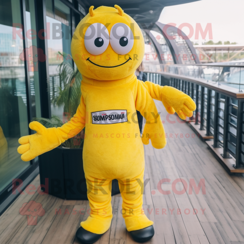 Yellow Shrimp Scampi mascot costume character dressed with a Jumpsuit and Briefcases