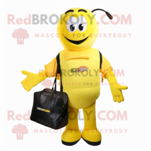 Yellow Shrimp Scampi mascot costume character dressed with a Jumpsuit and Briefcases