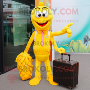 Yellow Shrimp Scampi mascot costume character dressed with a Jumpsuit and Briefcases