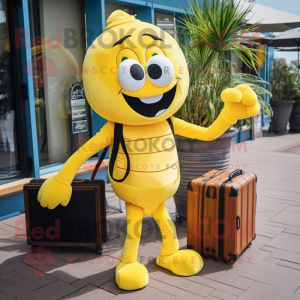 Yellow Shrimp Scampi mascot costume character dressed with a Jumpsuit and Briefcases