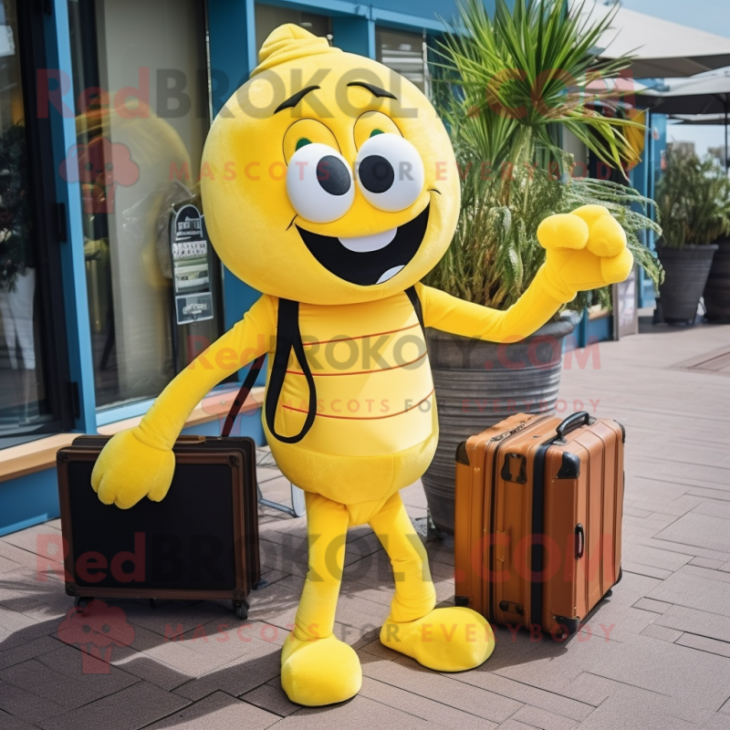 Yellow Shrimp Scampi mascot costume character dressed with a Jumpsuit and Briefcases