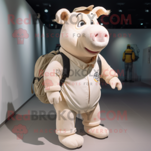 Beige Pig mascot costume character dressed with a Bodysuit and Backpacks