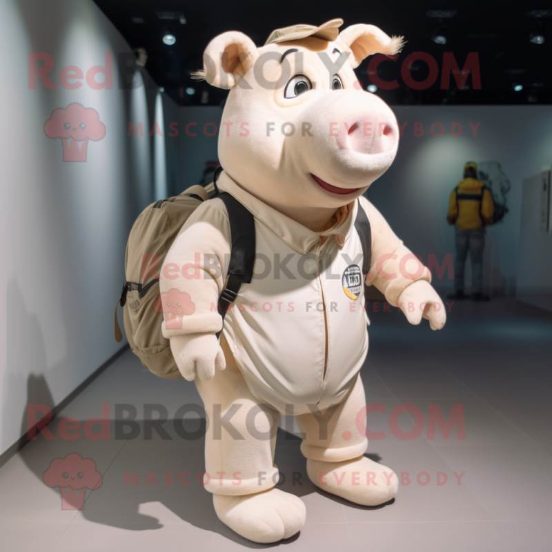 Beige Pig mascot costume character dressed with a Bodysuit and Backpacks Beige Pig mascot costume character dressed with a Bodysuit and Backpacks