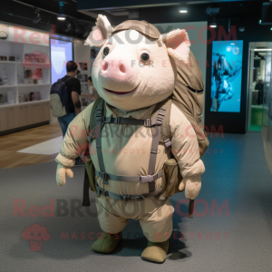 Beige Pig mascot costume character dressed with a Bodysuit and Backpacks