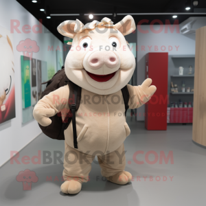 Beige Pig mascot costume character dressed with a Bodysuit and Backpacks