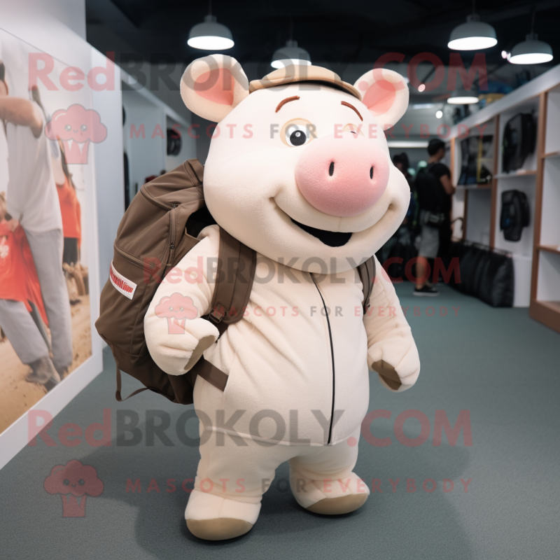 Beige Pig mascot costume character dressed with a Bodysuit and Backpacks